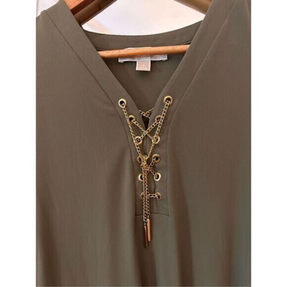 Michael Michael Kors Olive Green Shift Dress Lace Up V-Neck Bell Sleeve Size S - Picture 3 of 6